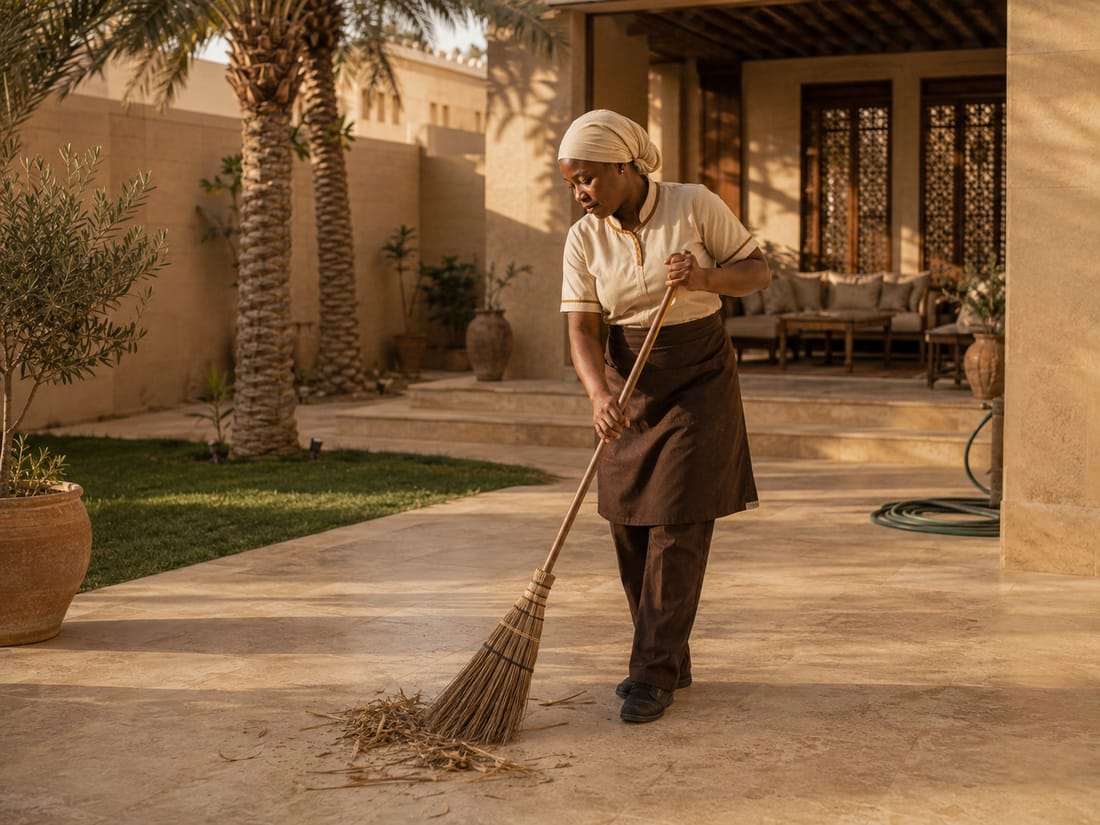 عامل تنظيف يمسح أرضية مدخل فيلا في مجمع سكني والباب الأمامي مفتوح